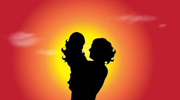Vector silhouette of family in nature at sunset. - Vector, Image
