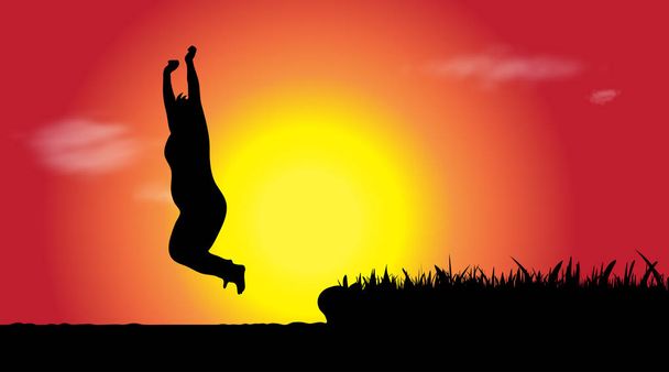 Vector silhouette of woman who jumps to water at sunset. - Vector, Image
