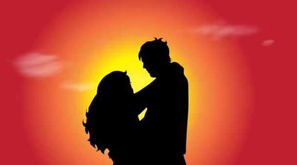 Vector silhouet van het paar in de natuur bij zonsondergang. - Vector, afbeelding