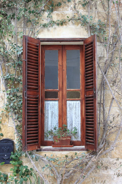 quadratisches Fenster mit offenen Rollläden und Blumentopf - Foto, Bild