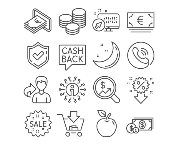 Set of Shopping, Discount and Sale icons. Cash, Dollar money and Euro currency signs. Currency audit, Tips and Money transfer symbols. Add to cart, Sale shopping discount, Atm payment. Vector - Vettoriali, immagini