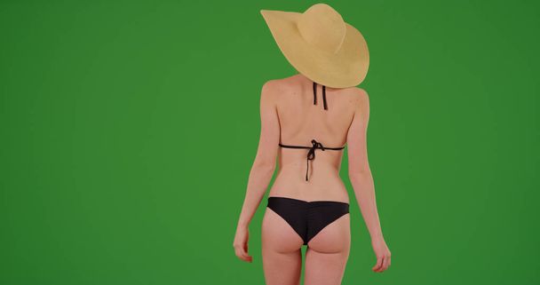 Nő a fürdőruhát, és a nap kalap nyaralni, zöld képernyő hátulnézet - Fotó, kép