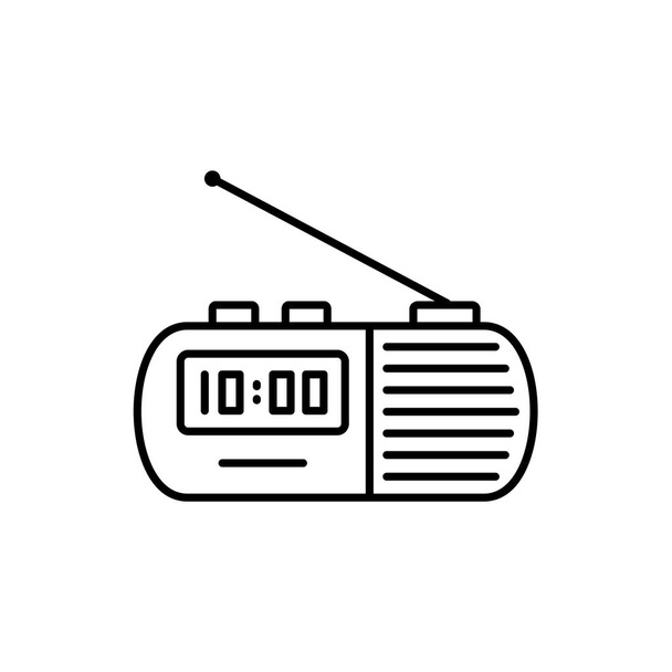 Vector illustration of modern radio clock with aerial & digital display. Line icon of table rectangular alarm clock playing music as a ring. Isolated object on white background.  - Vector, Image