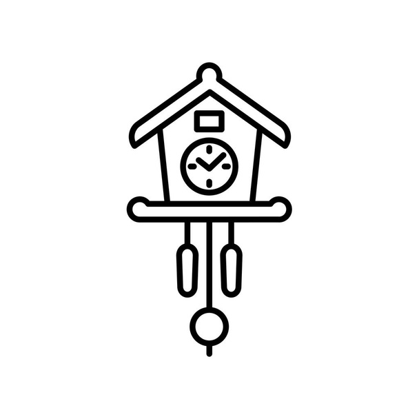 Vector illustration of vintage wall cuckoo clock with pendulum. Line icon of old decorative wooden clock in the form of chalet with pine cones. Isolated object on white background.  - Vector, Image