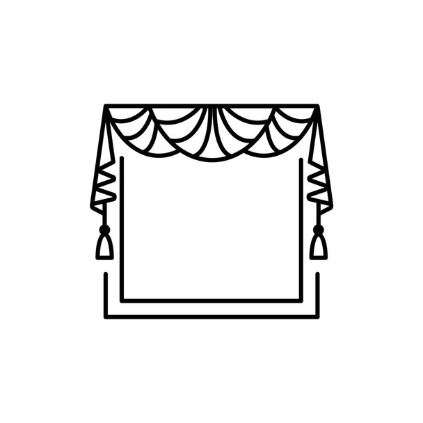 Ilustracja wektorowa tkaniny falbany z draperie. Linii ikonę okna lambrekin z 3 Wentylatory i frędzle. Na białym tle obiekt na białym tle    - Wektor, obraz