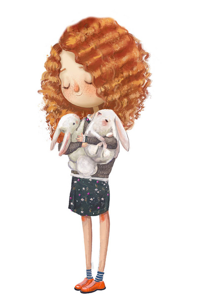 yabani tavşan sepet ile sevimli küçük kız - Fotoğraf, Görsel