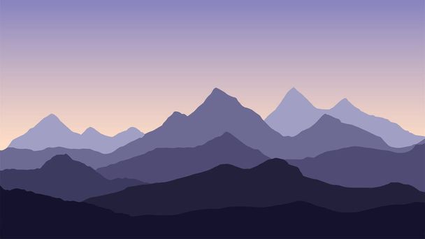Ilustração abstrata vetorial de uma paisagem montanhosa de várias camadas sob um céu roxo matutino ou vespertino com um sol nascente ou poente vetor
 - Vetor, Imagem
