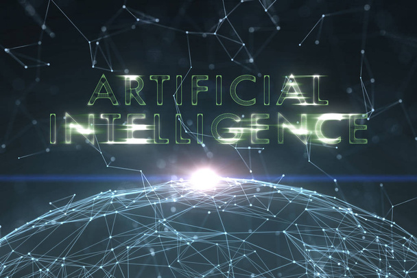 Green colored artificial intelligence word on abstract blue cyberspace background with lines and dots illustration. - Фото, изображение