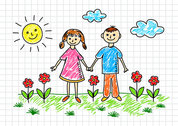 tekening van de kinderen op gekwadrateerde papier - Vector, afbeelding