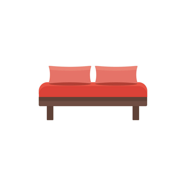 Красная кровать с 2 подушками. Удобный диван. Векторная иллюстрация. Плоская иконка дивана. Элемент современной домашней и офисной мебели. Вид спереди
. - Вектор,изображение