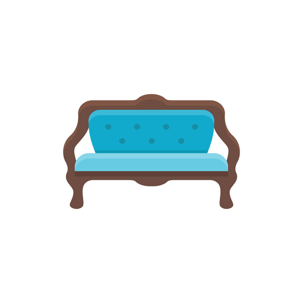 Blue sofa. Cushioned bench. Vector illustration. Flat icon of settee. Element of modern home & office furniture. Front view. - Vector, Image