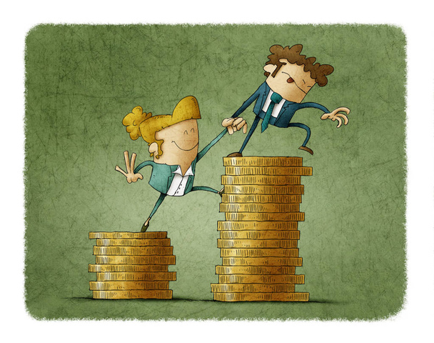 Concepto de desigualdad de ingresos mostrado con una ilustración de personajes masculinos y femeninos y montones de monedas
 - Foto, Imagen