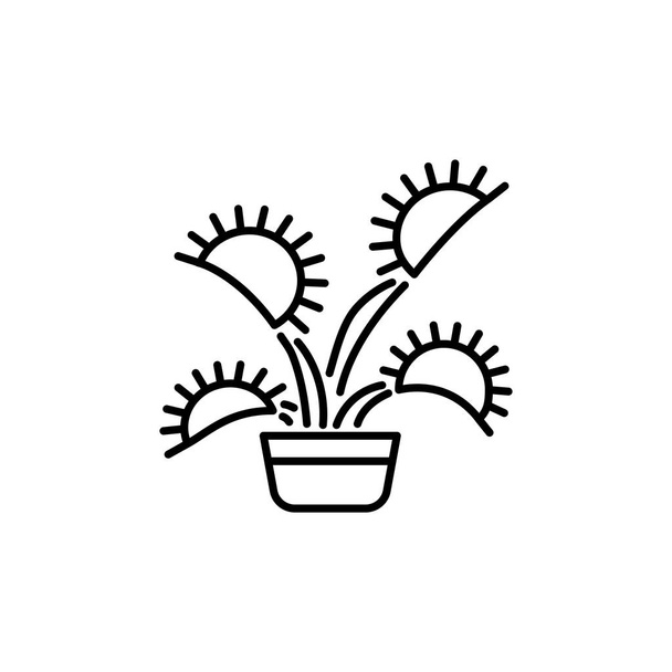 Black & white vector illustration of insect eating plant with leaves in pot. Line icon of decorative home plant in container. Isolated object on white background. - Vector, Image
