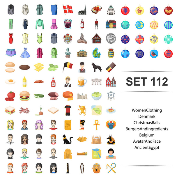 Vector illustration of women, clothing, christmas, ball, burger, ingredient, belgium avatar face ancient egypt icon set. - Vector, Image