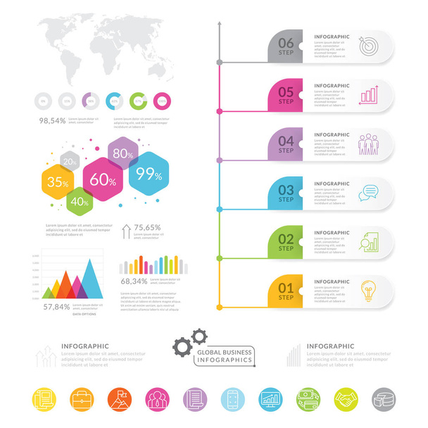 Инфографические элементы бизнеса. Современная инфографика, маркетинговая диаграмма и графики, барная диаграмма. Шаблон элементов бизнес-хронологии, векторная иллюстрация
 - Вектор,изображение