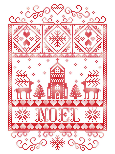 Elegantní skandinávský Noel vektorové pozadí, severský styl vánoční vzor včetně vločka, srdce, sobů, vánoční strom, sníh, sněhová vločka, kaple v zimě divů v bílé, červené - Vektor, obrázek
