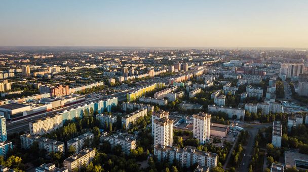 Easten Europe city with Panel concrete houses typical blocks, aerial street view - 写真・画像