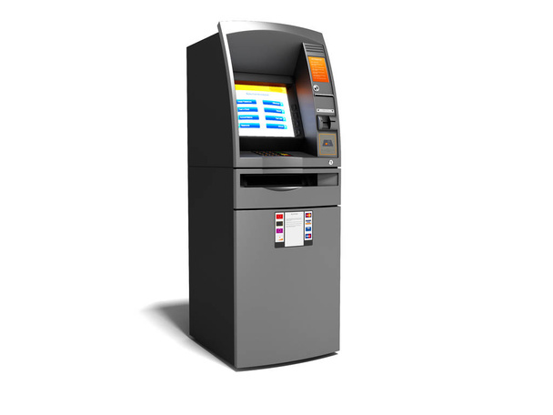 Сучасний банкомат включений для електронного грошового переказу 3d рендерингу на білому тлі з тіні
 - Фото, зображення