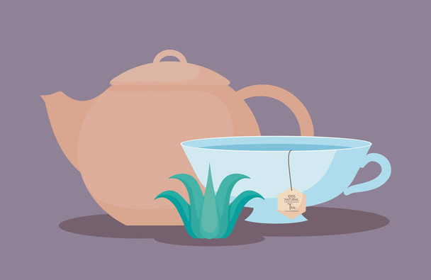 tetera con taza de té de hierbas
 - Vector, imagen