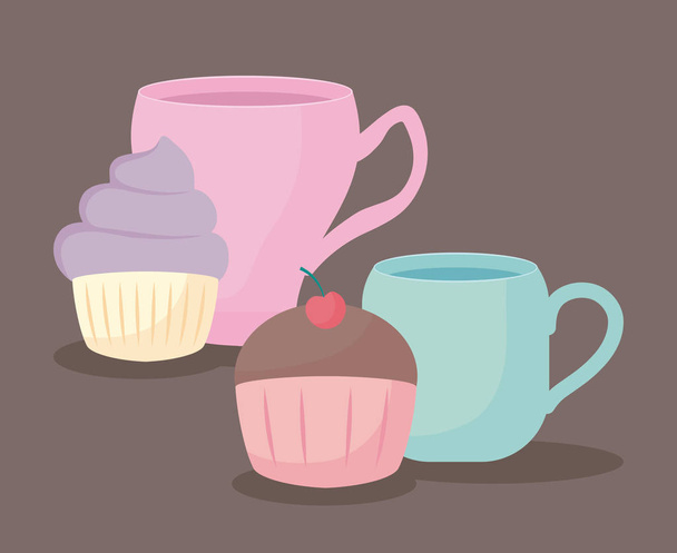 xícara de chá com cupcake doce
 - Vetor, Imagem