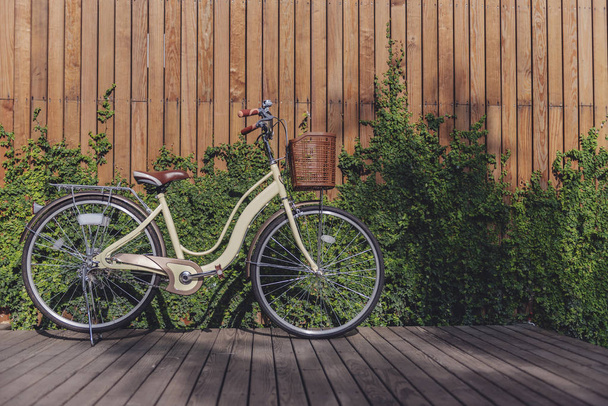 Bicicleta com folhas verdes na parede de madeira no jardim
 - Foto, Imagem