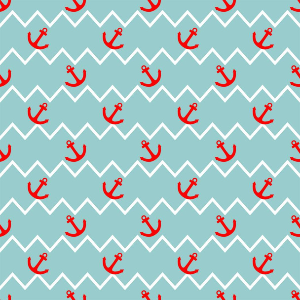 Tile sailor vector pattern with red anchor on white and blue stripes background - Vektor, kép