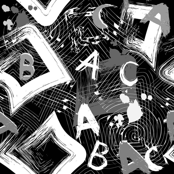 Vetor geométrico urbano padrão abstrato sem emenda preto e branco. Abc wallpaper. Grunge padrão fundo sujo. Monocromático texturizado repetindo design moderno. Cartas irritadiças, manchas, meandros
   - Vetor, Imagem