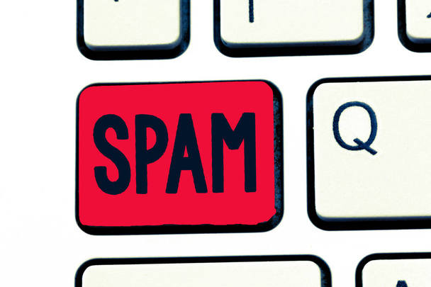 Writing note showing Spam. Business photo showcasing Intrusive advertising Inappropriate messages sent on the Internet - Photo, Image
