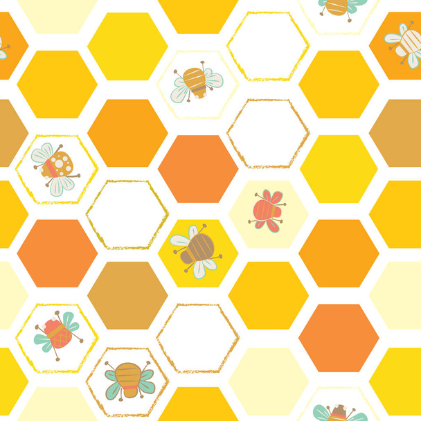 Векторные желтые шестиугольные плитки с бесшовным фоном рисунка пчел. Идеально подходит для всех видов сухарей, обоев и стеганых изделий
 - Вектор,изображение