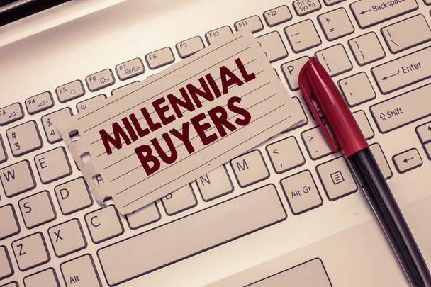 Conceptual hand writing showing Millennial Buyers. Business photo showcasing Type of consumers that are interested in trending products - Photo, Image