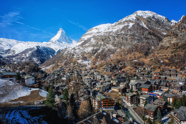 Beautiful view of old village with Matterhorn peak background in Zermatt, Switzerland. - Photo, Image