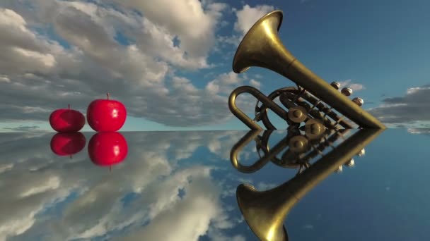 Concepto musical. Instrumento de viento de latón y manzanas rojas en espejo y nubes movimiento en el espacio, lapso de tiempo
 - Metraje, vídeo