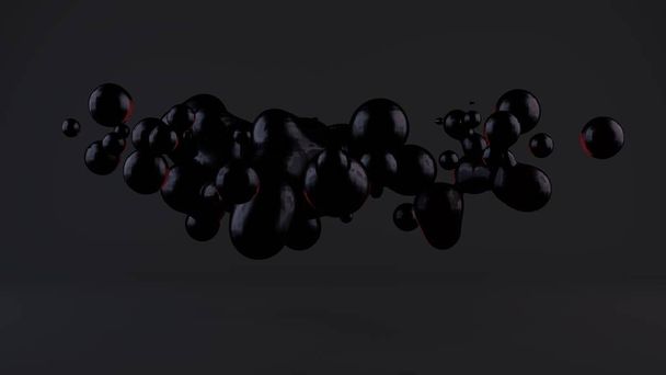Hermosa ilustración 3D de gotas de aceite negro. Gotas de aceite flotando en la ingravidez y volando a los lados. Una imagen abstracta en un espacio oscuro. La idea de poder y control de energía. Renderizado 3D
 - Foto, imagen