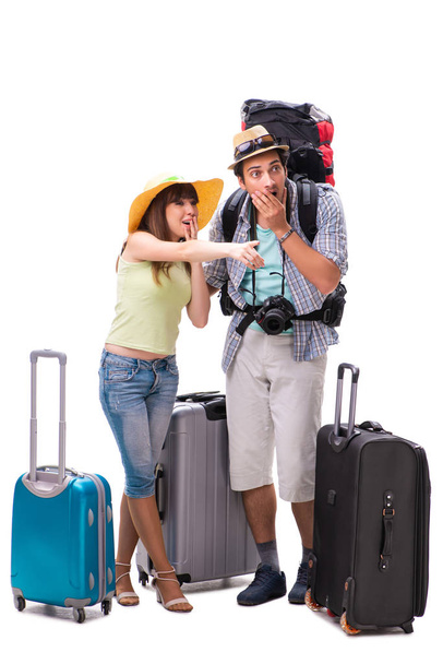 Young family preparing for vacation travel on white - Photo, image