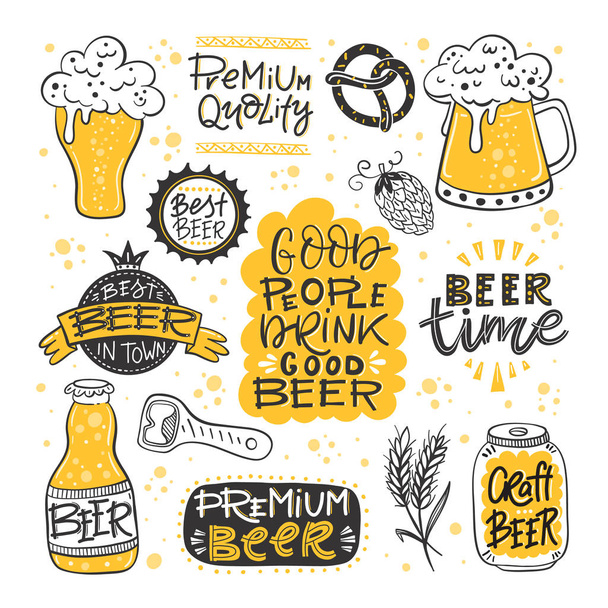 Vector collection of beer related doodle illustrations. Clipart for Octoberfest or brewery label. - Vektör, Görsel