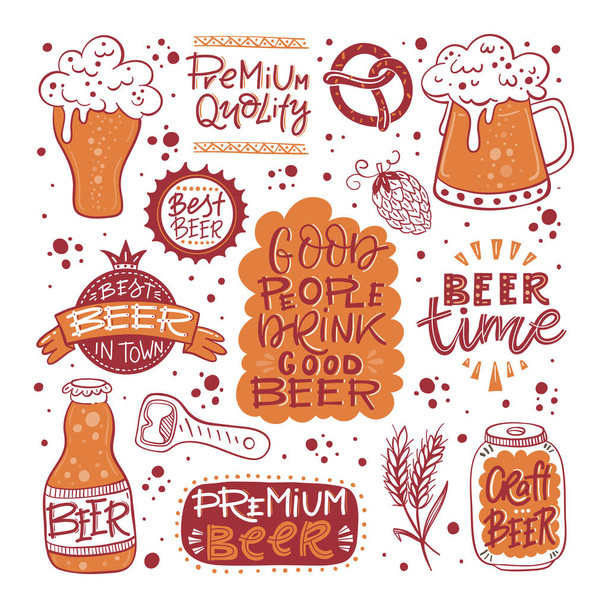 Vector collection of beer related doodle illustrations. Clipart for Octoberfest or brewery label. - Вектор,изображение