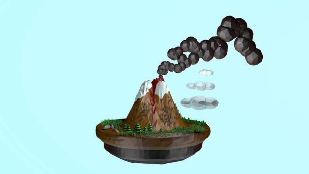 3D απεικόνιση του ένα ιπτάμενο νησί με ένα ηφαίστειο που εκρήγνυται λάβα και σύννεφα από μαύρο καπνό. Χαμηλή πολυ στυλ, 3d rendering. - Φωτογραφία, εικόνα