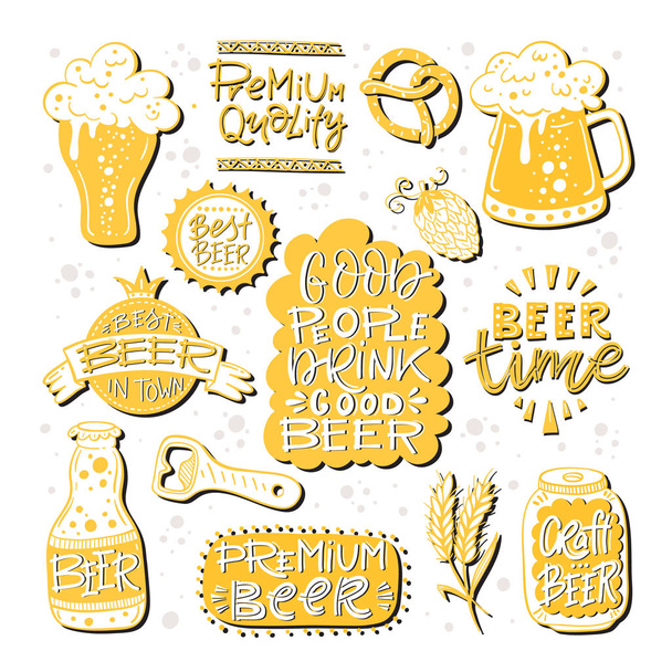 Vector collection of beer related doodle illustrations. Clipart for Octoberfest or brewery label. - Вектор, зображення