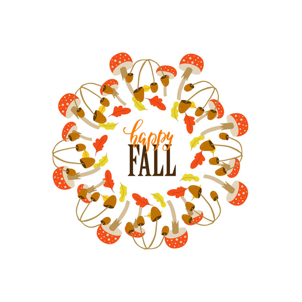 Векторний осінній вінок з грибами, жолудями та листям на білому тлі. Щаслива осінь. Ідеально підходить для святкових запрошень та листівок
 - Вектор, зображення
