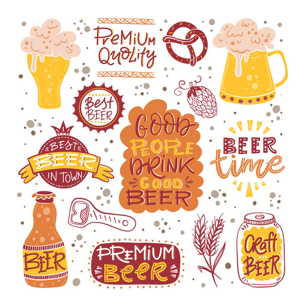 Vector collection of beer related doodle illustrations. Clipart for Octoberfest or brewery label. - Διάνυσμα, εικόνα