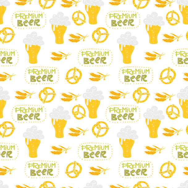 Vector Oktoberfest seamless pattern with pretzel, wheat and beer glass on white background. Perfect for wallpaper, gift paper, holiday greeting cards. - Vector, Image
