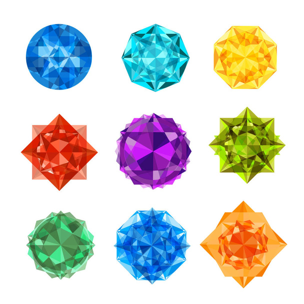 Vector gems and diamonds icons set in different colors on the white background. Cartoon gems. - Vector, Image