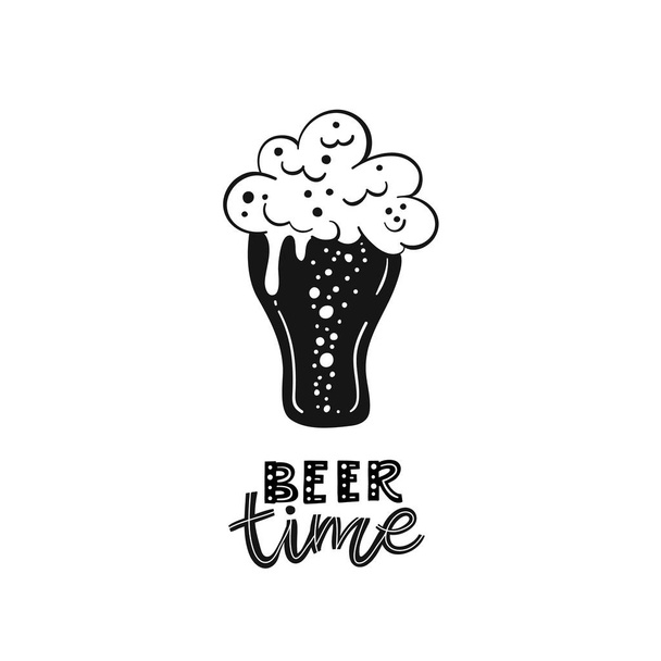 Vector Sign  Beer time and beer glass. Hand drawn illustration with beer. Octoberfest. - Вектор,изображение