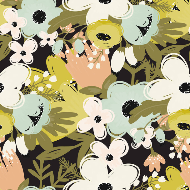 Set of seamless vector floral patterns, spring/summer backdrop. Hand drawn surface pattern design with flowers in garden. Seamless texture perfect for wallpapers,web backgrounds, surface textures. - Vektör, Görsel