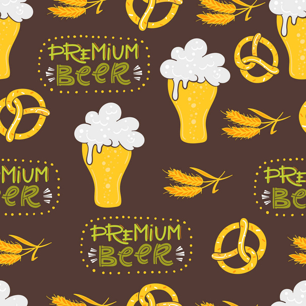Vector Oktoberfest seamless pattern with pretzel, wheat and beer glass on white background. Perfect for wallpaper, gift paper, holiday greeting cards. - Вектор, зображення