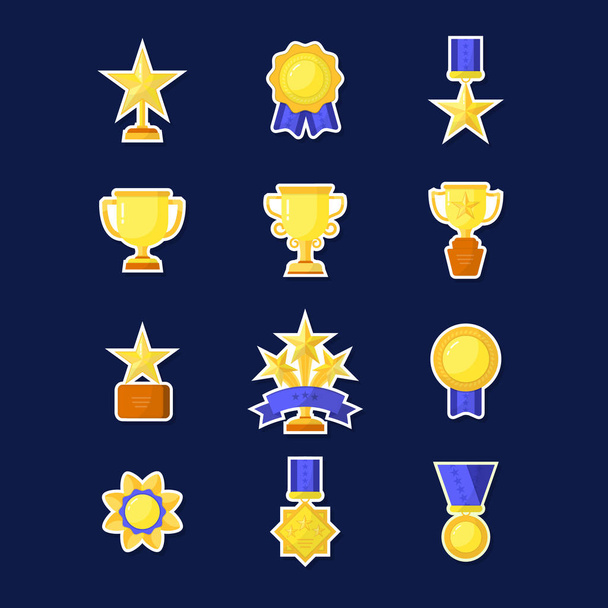 Векторный трофей, медали, кубки и награды иконки установлены на заднем плане. Ручной стиль
. - Вектор,изображение