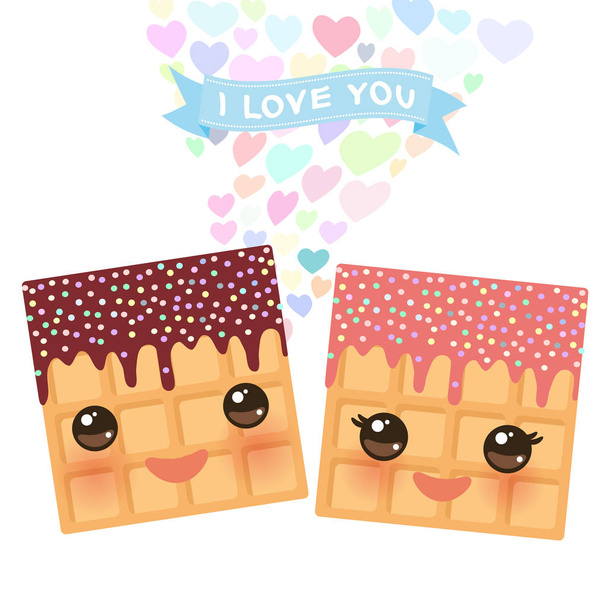 I love you Card design with hearts Kawaii Belgium waffles with pink cheeks and winking eyes, pastel colors on white background. Vector illustration - Διάνυσμα, εικόνα
