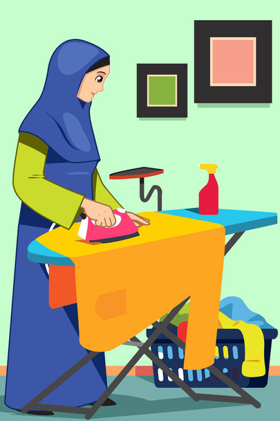 Vektorové ilustrace muslimské ženy žehlení oděvů  - Vektor, obrázek