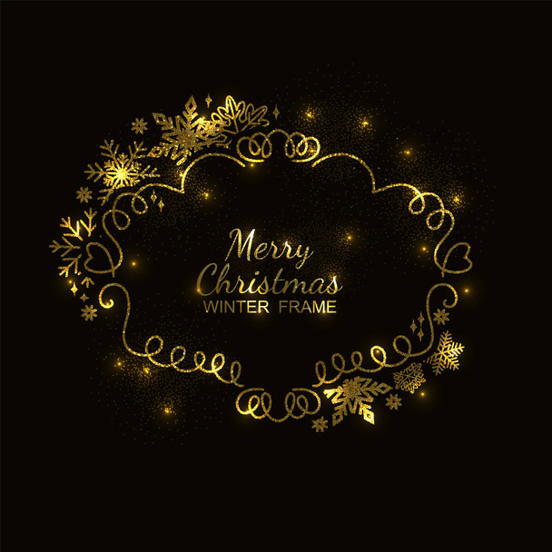 スノーフレーク ゴールド フレーム、黒の背景、クリスマス - ベクター画像