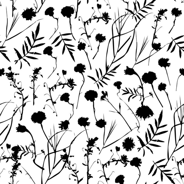 natural floral seamless pattern Graphic collection with leaves and flowers elements. Spring summer design for invitation, wedding or greeting cards. Black silhouette, white background. Vector illustration - Διάνυσμα, εικόνα